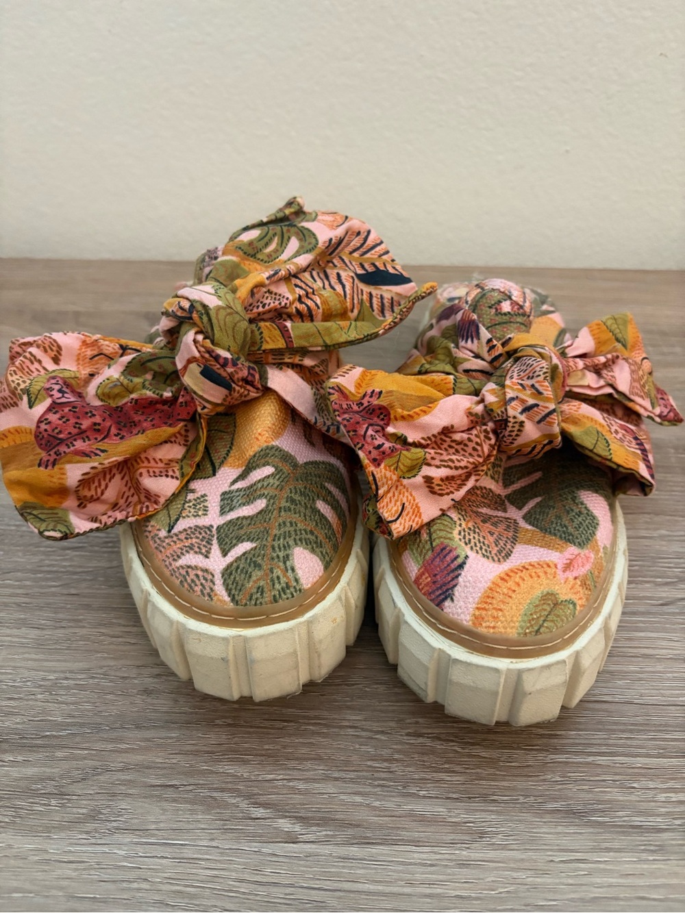 FARM Rio Floral Bow Platform Mules - Pink, Orange, Green